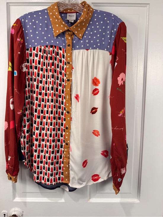 Maeve Tops - Maeve Mixed-Print Button-Down Shirt in Lavender, Red, Cream, Mustard